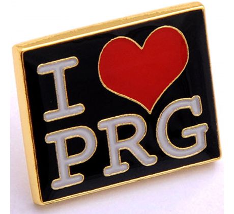 Odznak Praha – srdce a nápis I&nbsp;love PRG, černý