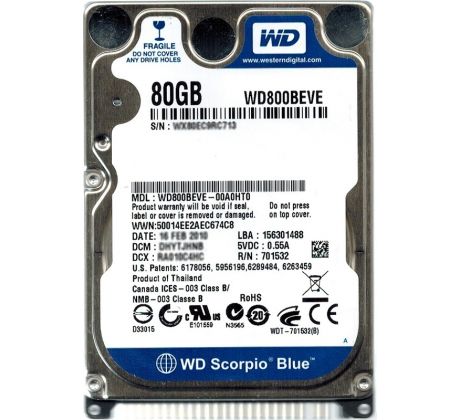 Harddisk 80GB 2,5" IDE WD&nbsp;Scorpio Blue 5400ot. 8MB&nbsp;cache