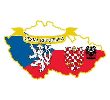 Samolepka ČR – mapa&nbsp;ČR s&nbsp;vlajkou České&nbsp;republiky a&nbsp;znaky